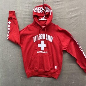 Lifeguard Hoodie Mens Large Red Pullover Miami Beach FL Fleece Sweatshirt Print